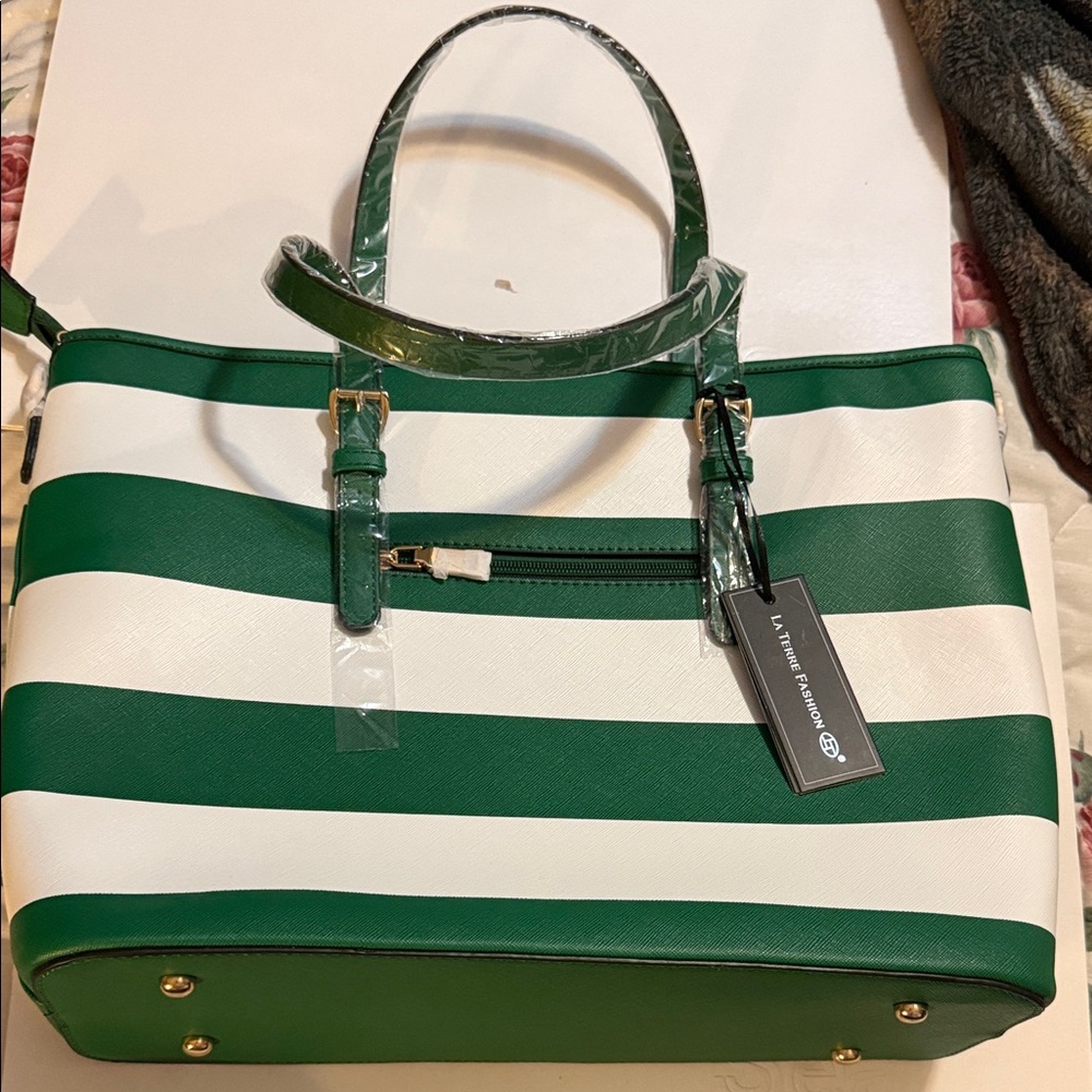 Green and White Striped Women's Bag